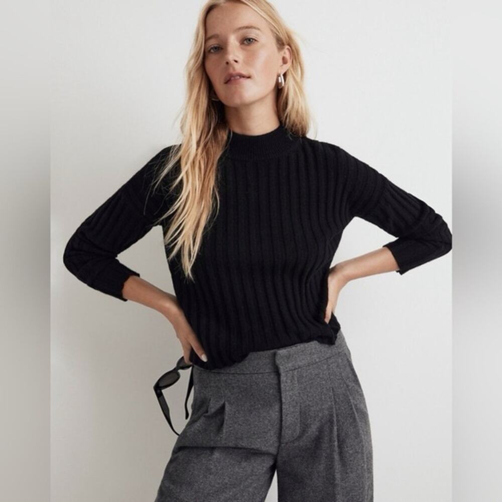 Madewell Mockneck Wool Blend Ribbed Crop Sweater Black Size XS